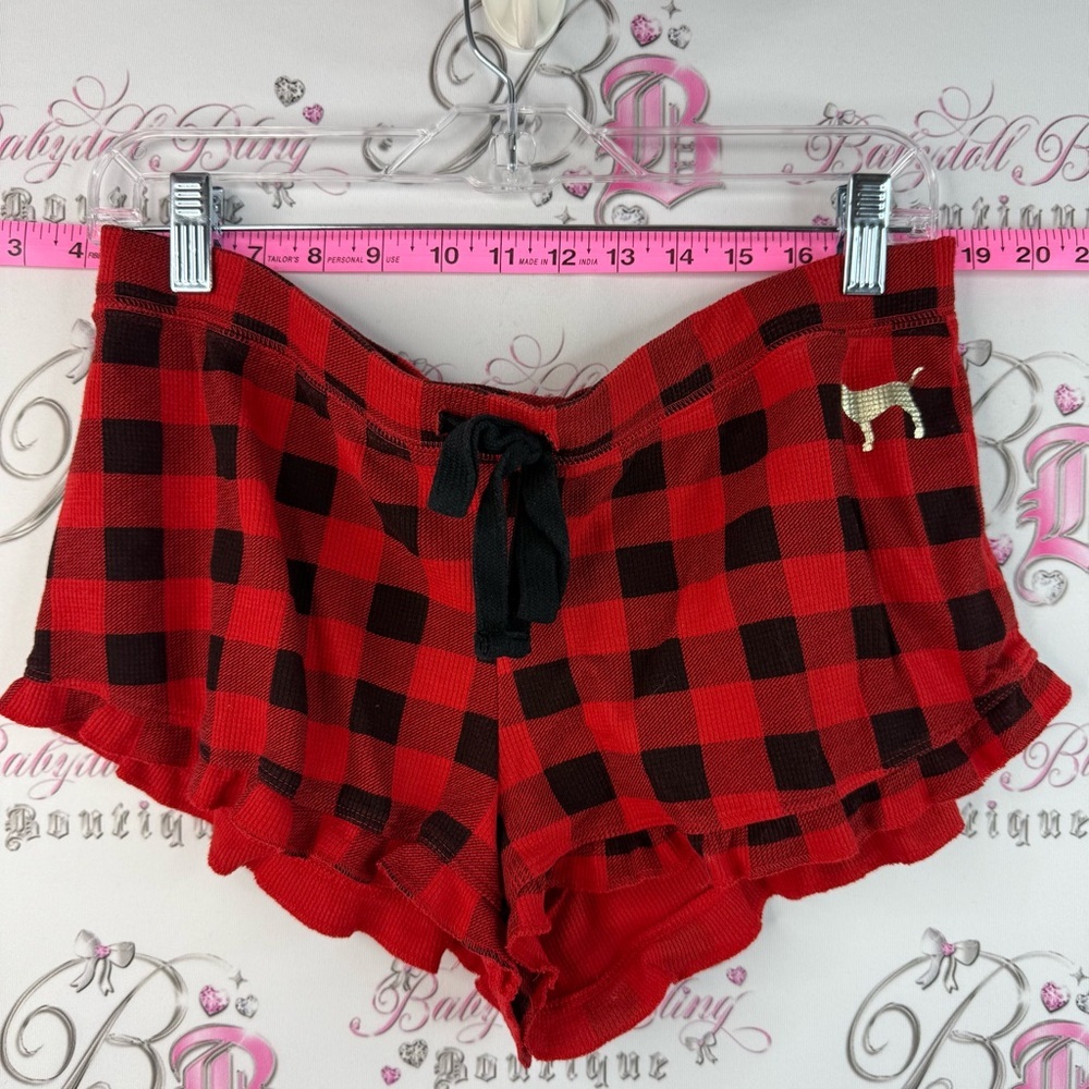 PINK Victoria's Secret Red & Black dog gold Plaid Knit Lounge Shorts
